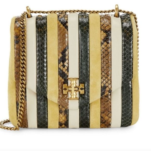 Tory Burch Striped Yellow Green Cream Snakeskin Chain Crossbody Bag - Picture 16 of 16